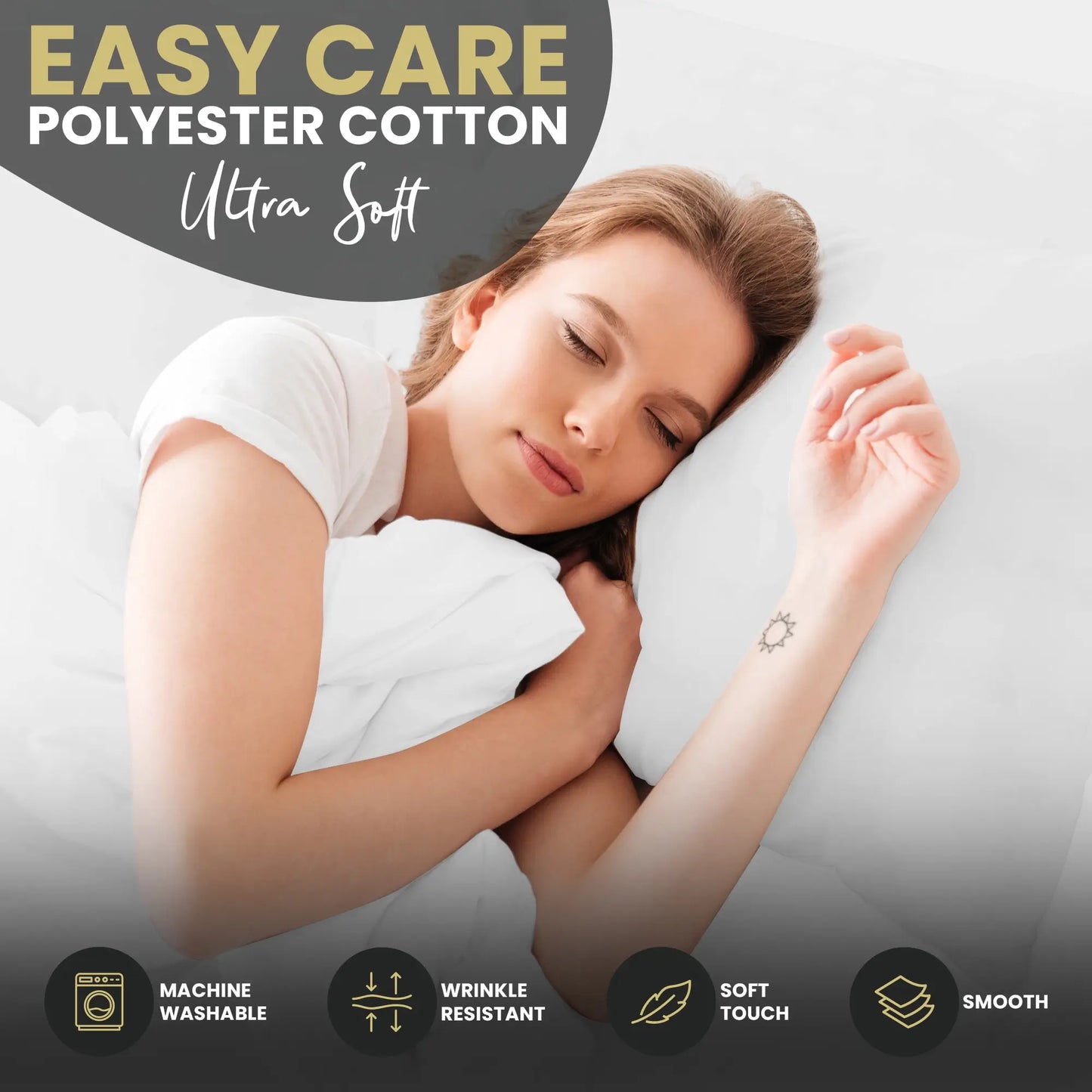 A MOMAN SLEEPING IN WHITE EASY CARE POLY COTTON ULTRA SOFT, WRINKLE RESISTANT AND SMOOTH FLAT SHEET, FITTED SHEET AND PILLOW CASES