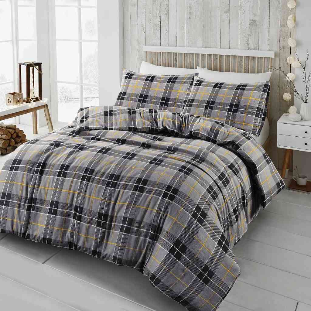 Flannel tartan check duvet cover set Grey