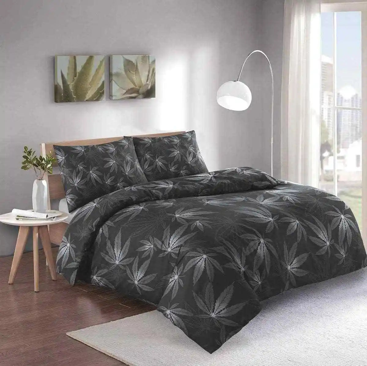 cannabis duvet cover set black-grey