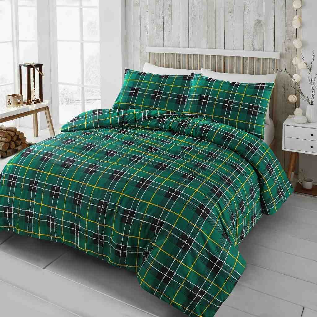 Flannel tartan check duvet cover set Green