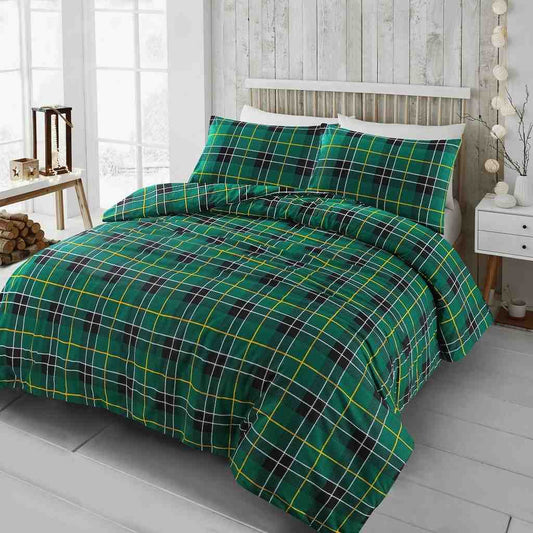 Flannel tartan check duvet cover set Green