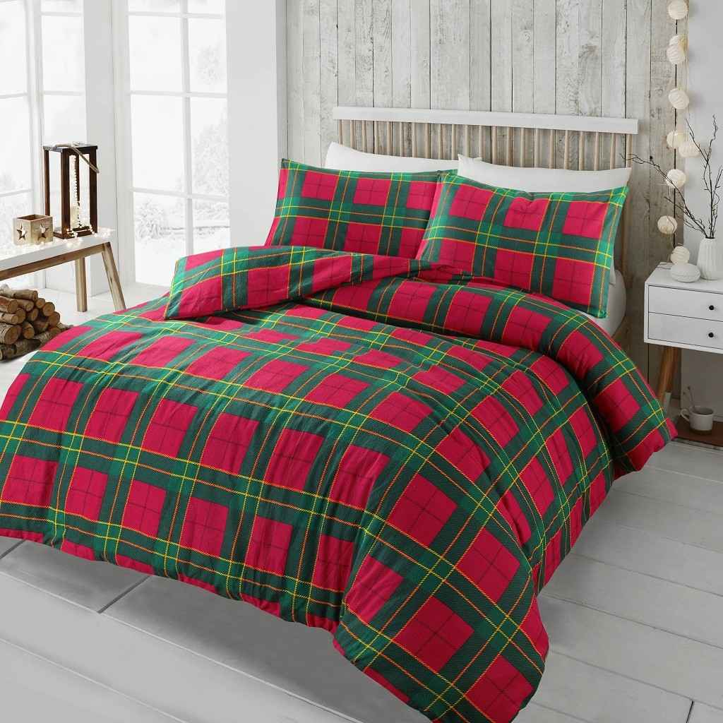 Flannel tartan check duvet cover set red