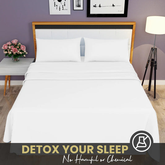 EASY CARE POLY COTTON WHITE FLAT SHEET, FITTED SHEET AND PILLOW CASES ON BED TO DETOX YOUR SLEEP